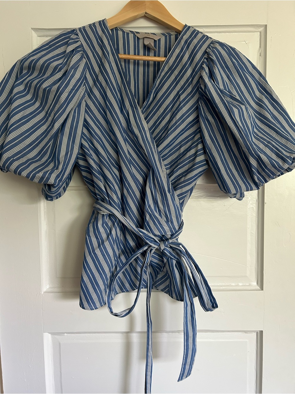 H&M Blue and White Striped Tie-Waist Wrap Blouse